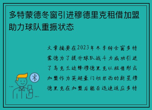 多特蒙德冬窗引进穆德里克租借加盟助力球队重振状态