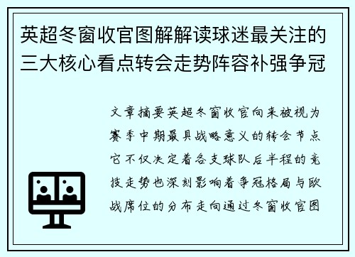 英超冬窗收官图解解读球迷最关注的三大核心看点转会走势阵容补强争冠
